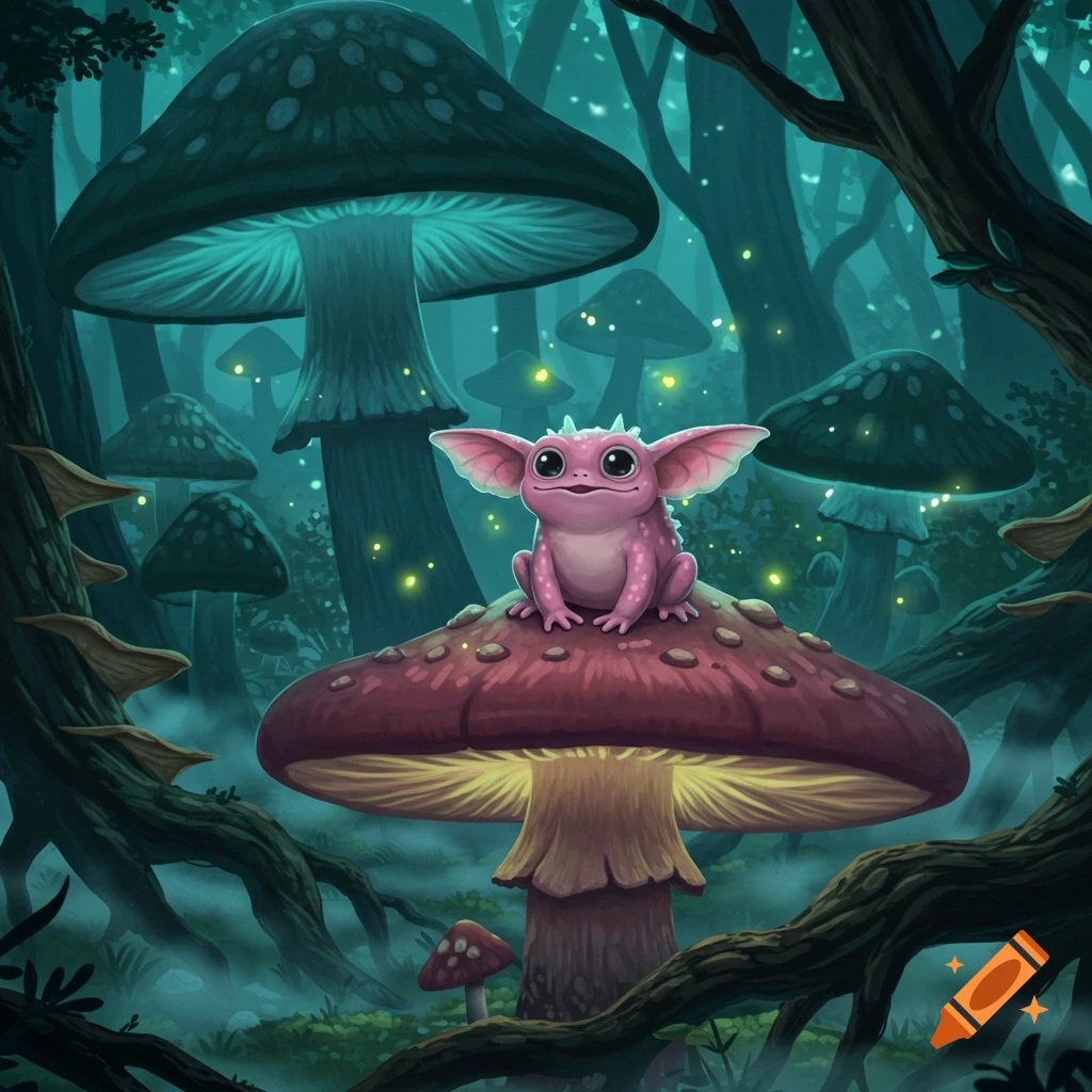 A cute pink creature with large ears sits on a red mushroom in a mystical forest with glowing fungi and fireflies.