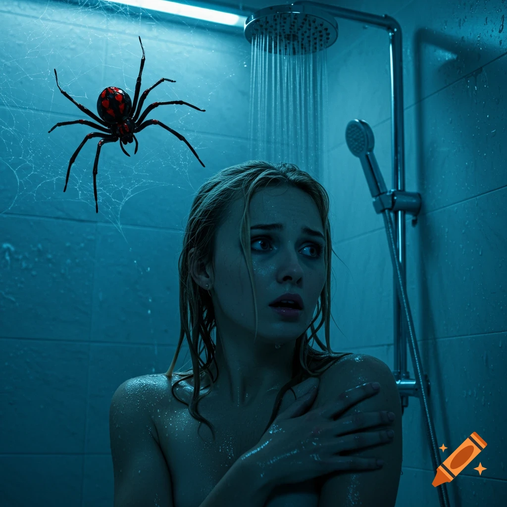 Scared blonde woman in a shower looks up in terror at a large spider on a web.