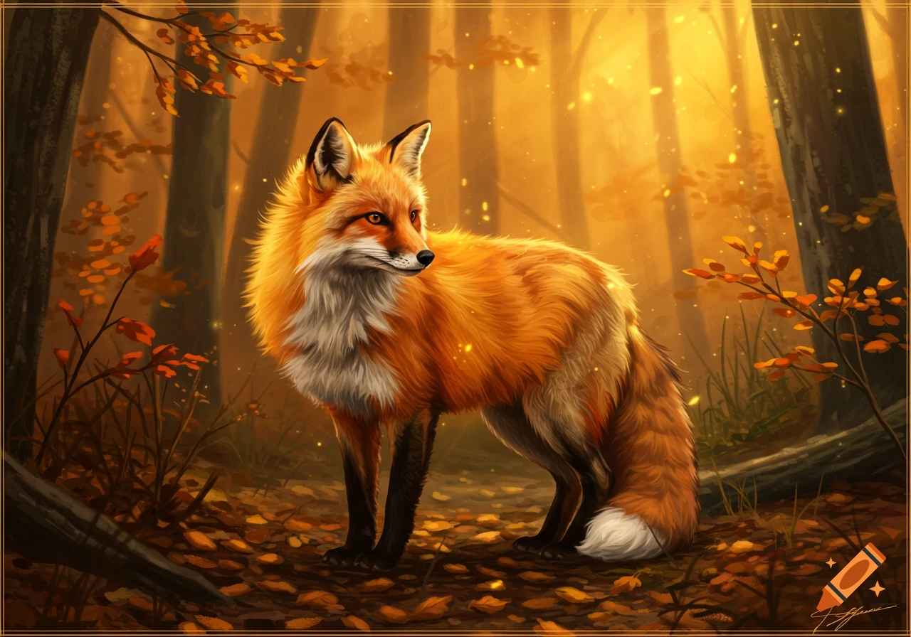 A vibrant orange fox stands in a sunlit autumnal forest filled with golden leaves. Digital painting style.