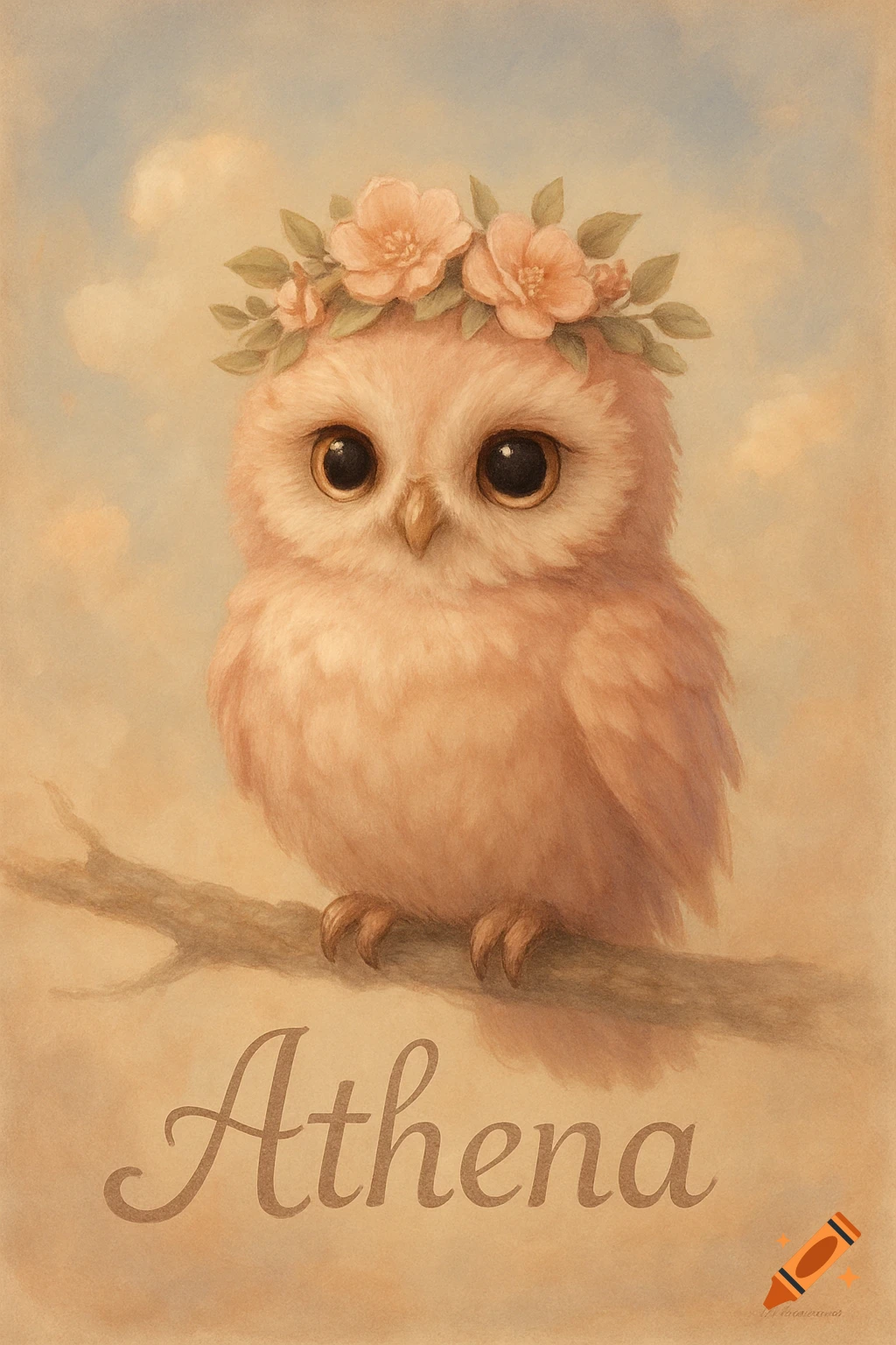 A charming illustration of a light pink owl wearing a flower crown, perched on a branch, with 'Athena' written below.