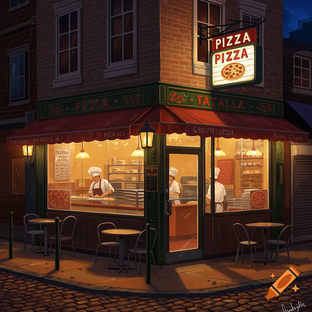 An evening street view of a warmly lit pizza shop on a corner, with chefs visible inside and a "PIZZA PIZZA" sign.