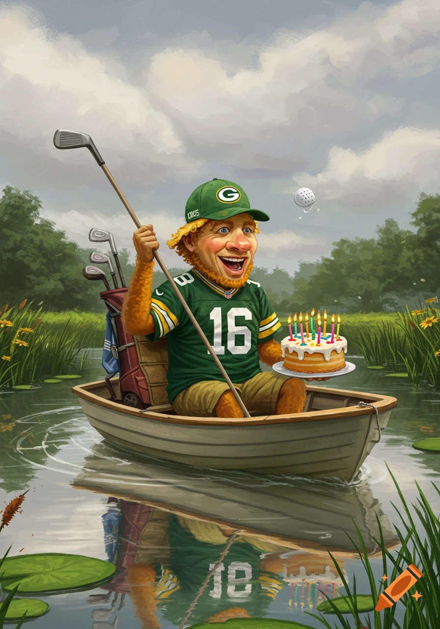 A cartoonish Green Bay Packers fan with a red beard, wearing a green jersey and hat, sits in a rowboat holding a golf club and a birthday cake, with a golf ball flying overhead.