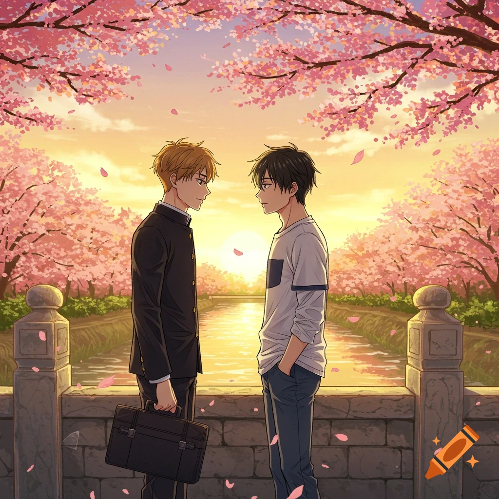 Two anime men look at each other on a stone bridge over a river, surrounded by pink cherry blossom trees at sunset.