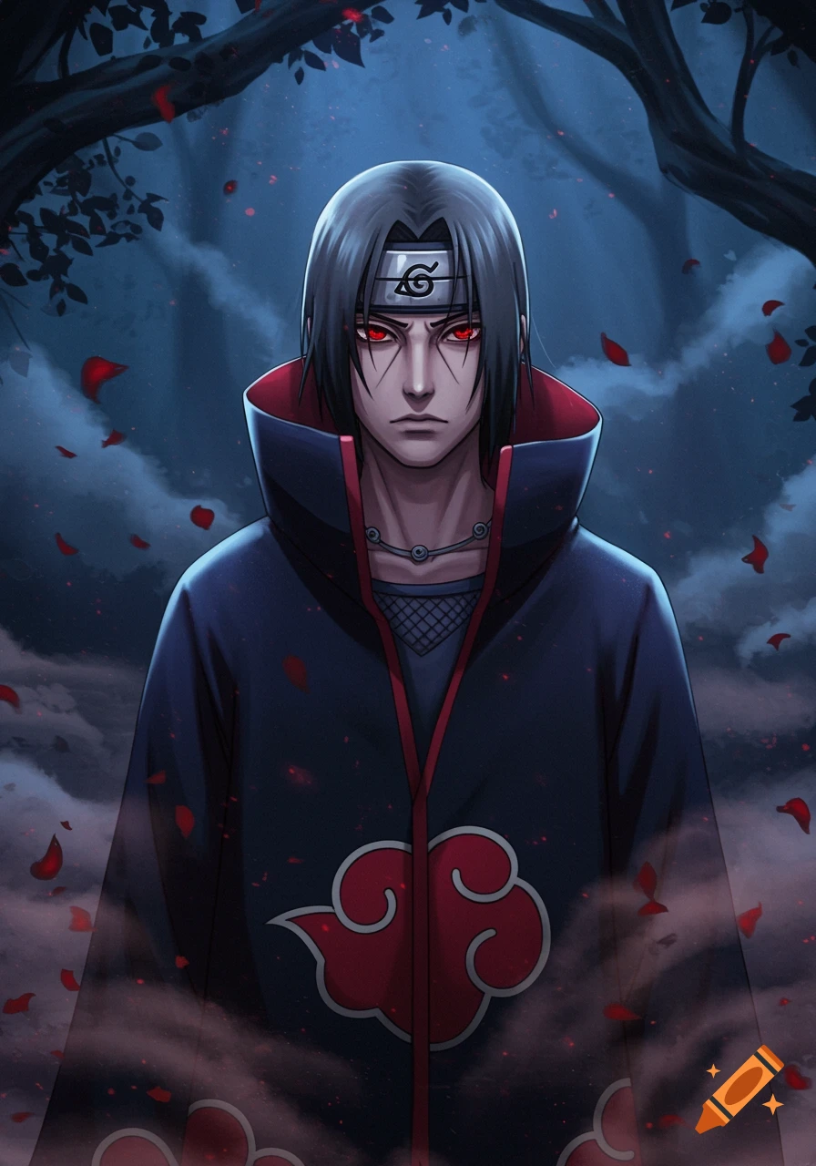 Anime illustration of Itachi Uchiha from Naruto, in his Akatsuki cloak, with red Sharingan eyes, in a dark forest with falling red petals.