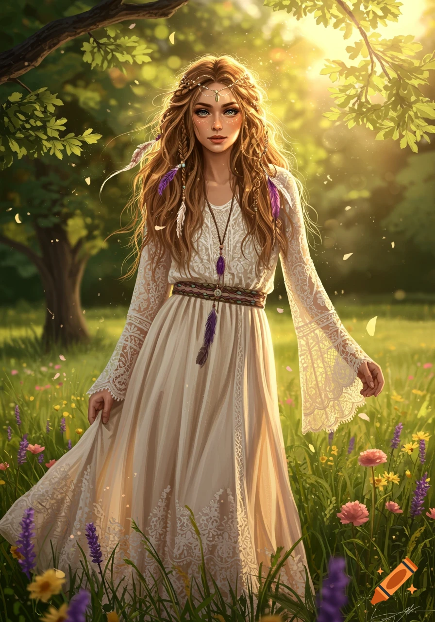 A woman with long wavy hair, adorned with feathers and a headband, stands in a sunlit field of wildflowers wearing a long, lace-trimmed bohemian dress. Digital art style.