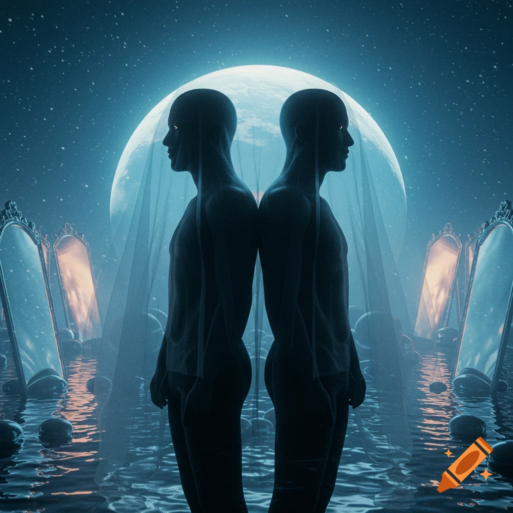 Two silhouetted figures stand back-to-back in moonlit water, surrounded by ornate mirrors under a starry sky.