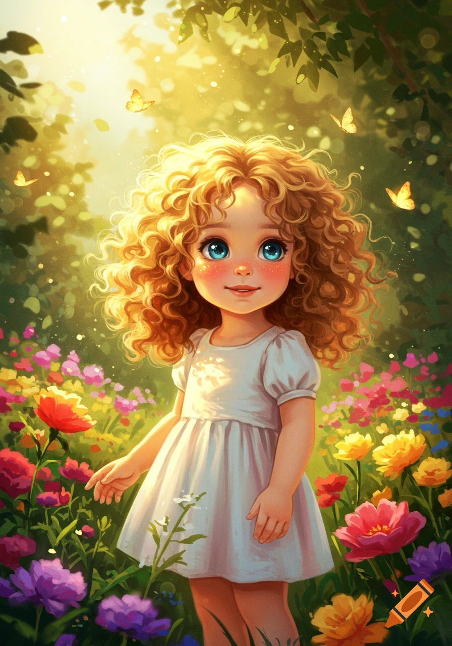 A cute little girl with curly blonde hair and blue eyes stands smiling in a vibrant, sunny flower garden with butterflies, digital art.