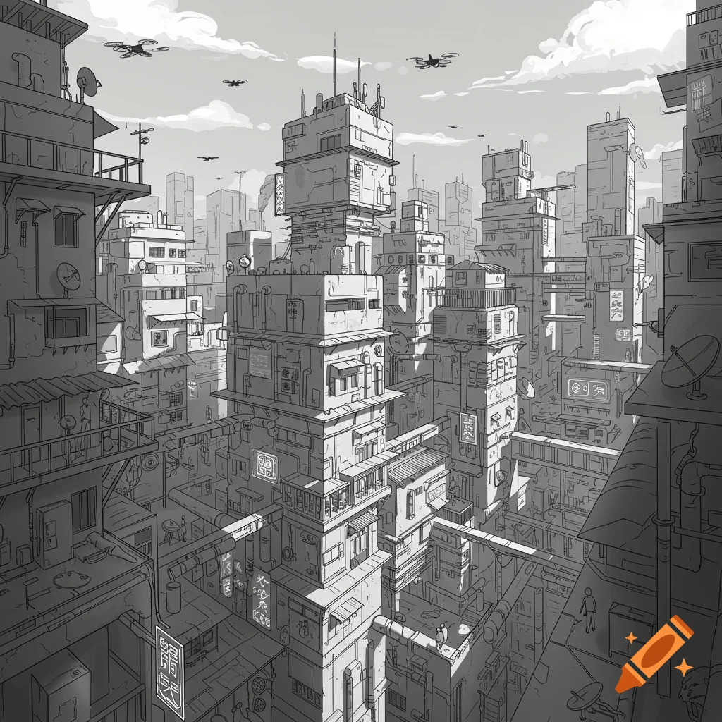 A detailed, monochrome line art illustration of a dense, futuristic city with stacked buildings, connecting pipes, and flying drones.