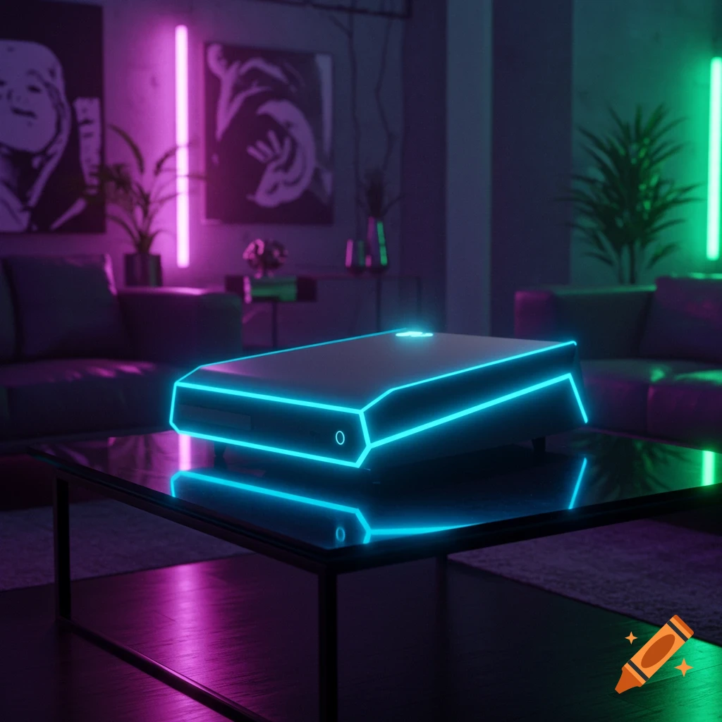 A sleek, glowing blue and purple video game console on a glass coffee table in a neon-lit living room.