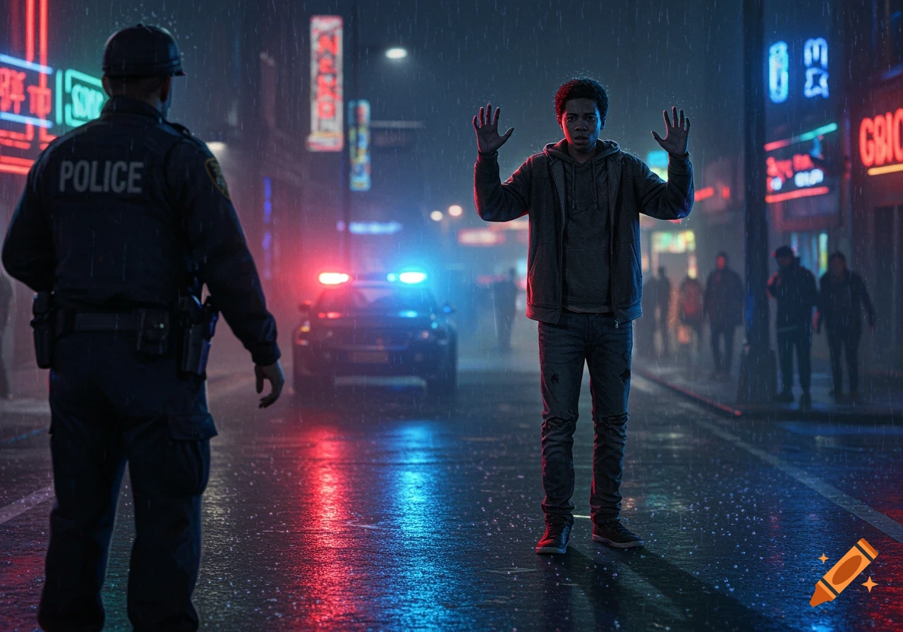 Photorealistic image of a police officer facing a teenager with raised hands on a rainy city street at night, a police car behind them.
