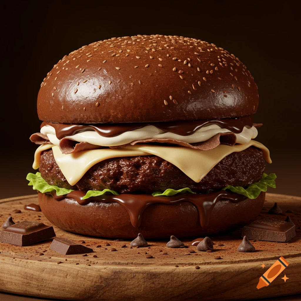 A photorealistic chocolate burger with melted chocolate, white cream, and green lettuce-like candy on a wooden board with chocolate pieces.