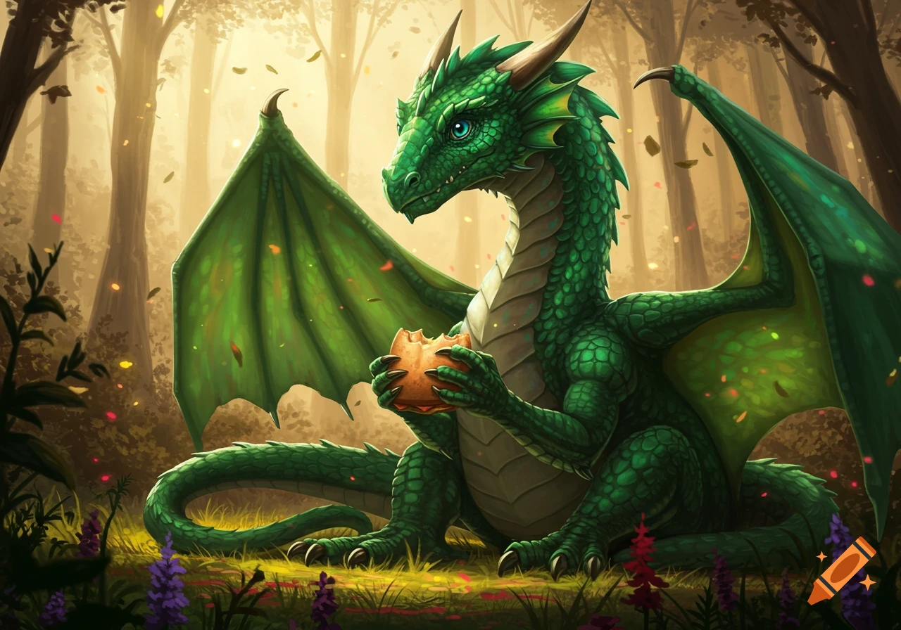 A vibrant green dragon sits in a sunlit forest, holding and eating a sandwich.