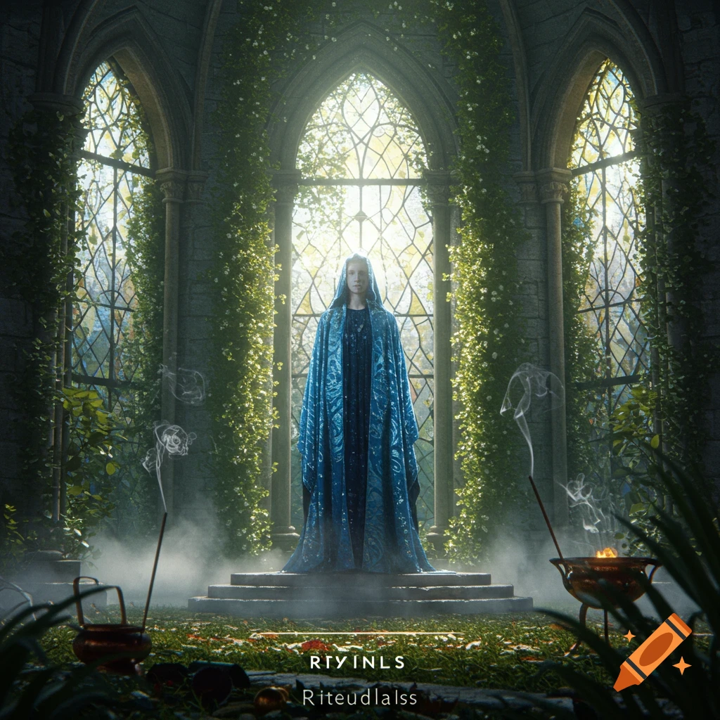 A robed figure stands on stone steps in a large gothic ruin with overgrown vines and stained-glass windows, with incense smoke and a burning brazier in the foreground. Photorealistic style.