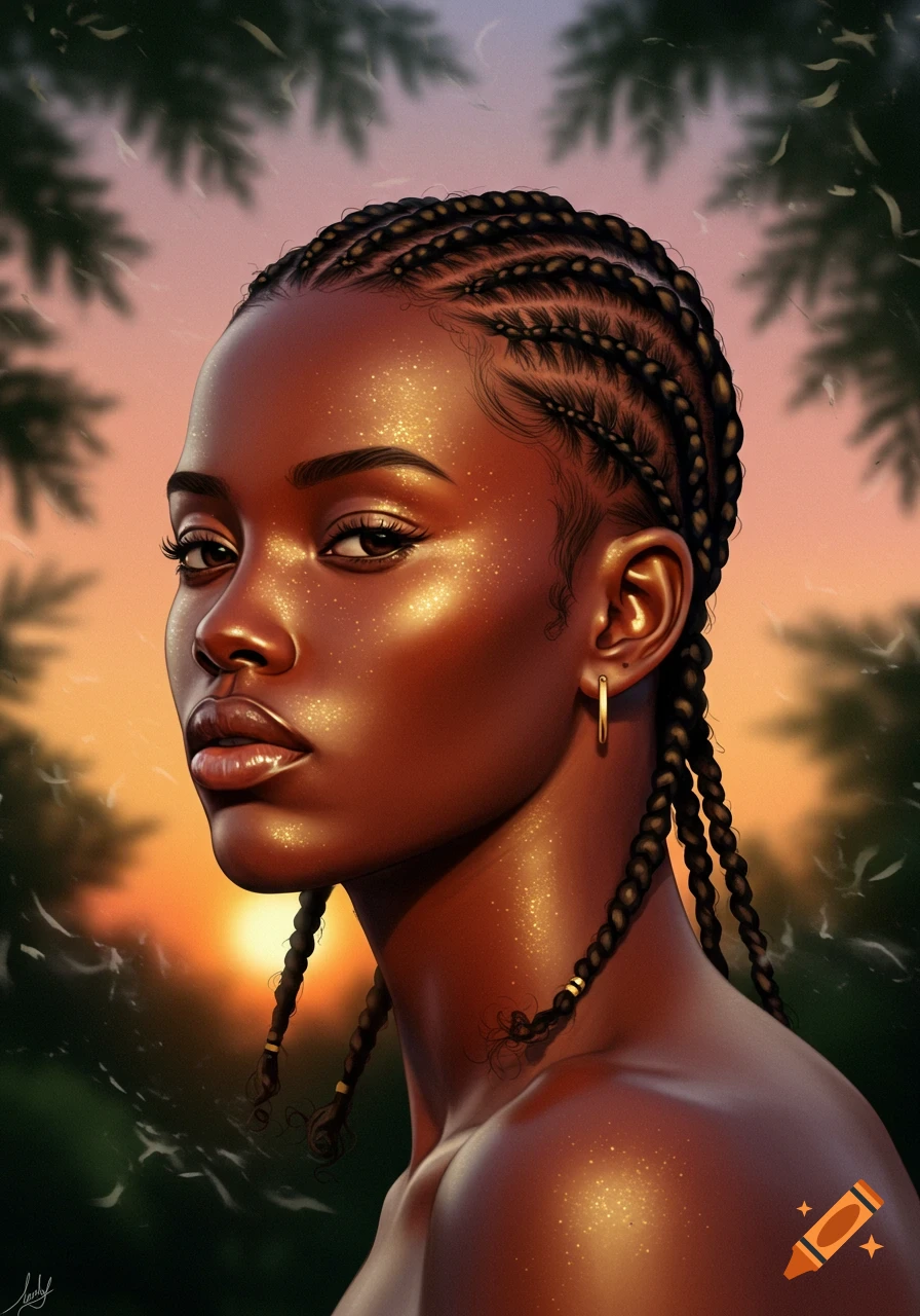 Digital art portrait of a woman with dark skin and cornrows, golden light sparkles on her face, against a sunset background.