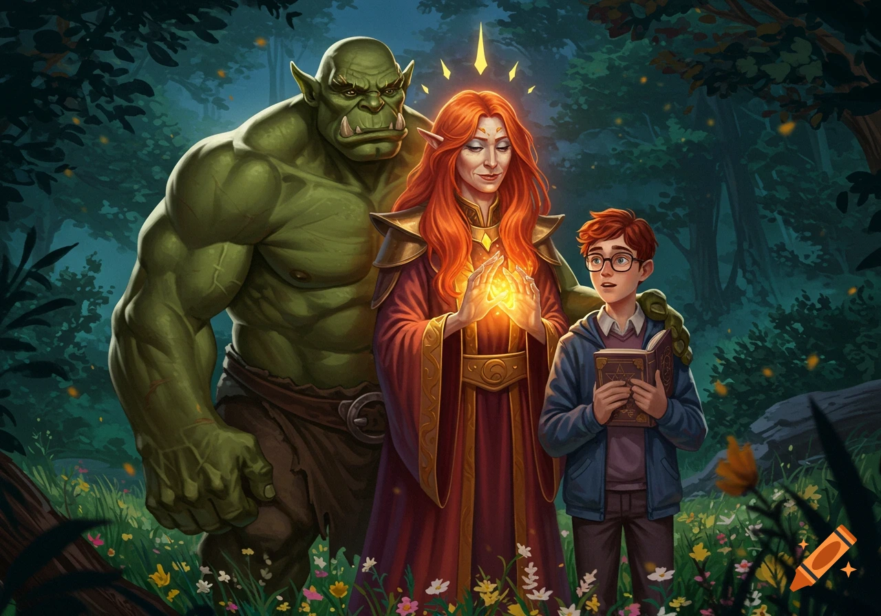 An orc, an elf-like goddess, and a young boy stand in a magical forest. The goddess holds a glowing orb, and the boy holds a book.