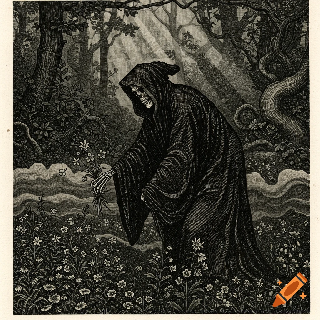 Grim Reaper picking flowers in a dark forest, depicted in an old engraving style.