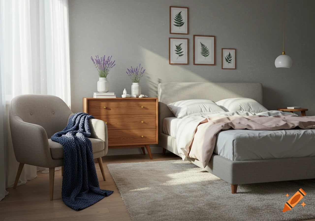 A bright, photorealistic bedroom with a bed, armchair, wooden dresser, and framed fern prints on a gray wall, bathed in natural light.