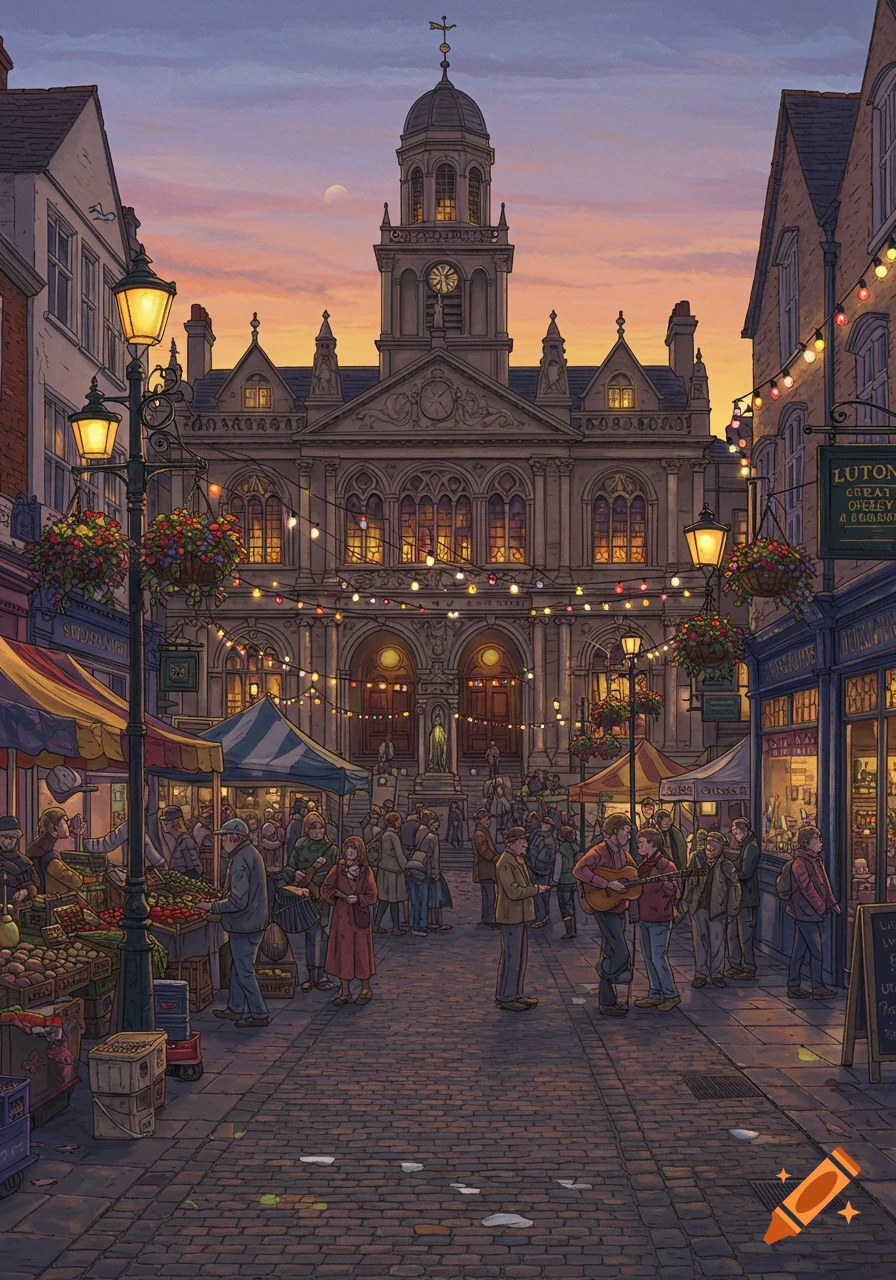 Stylized illustration of a bustling market square at dusk, with string lights, vendors, and a large illuminated clock tower building.