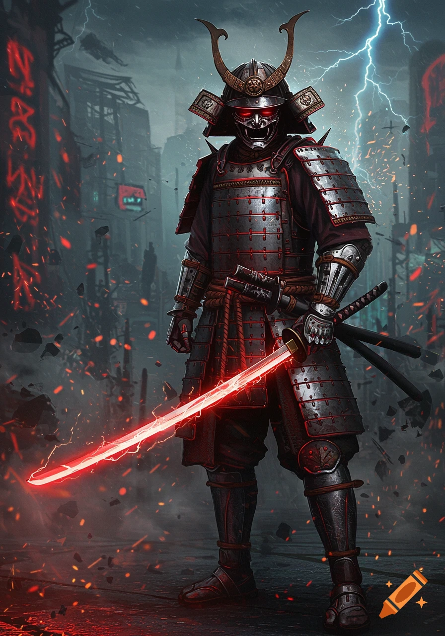 A metalcore samurai in detailed dark armor with glowing red eyes and a glowing red sword stands in a futuristic, dystopian city under a lightning-filled sky.