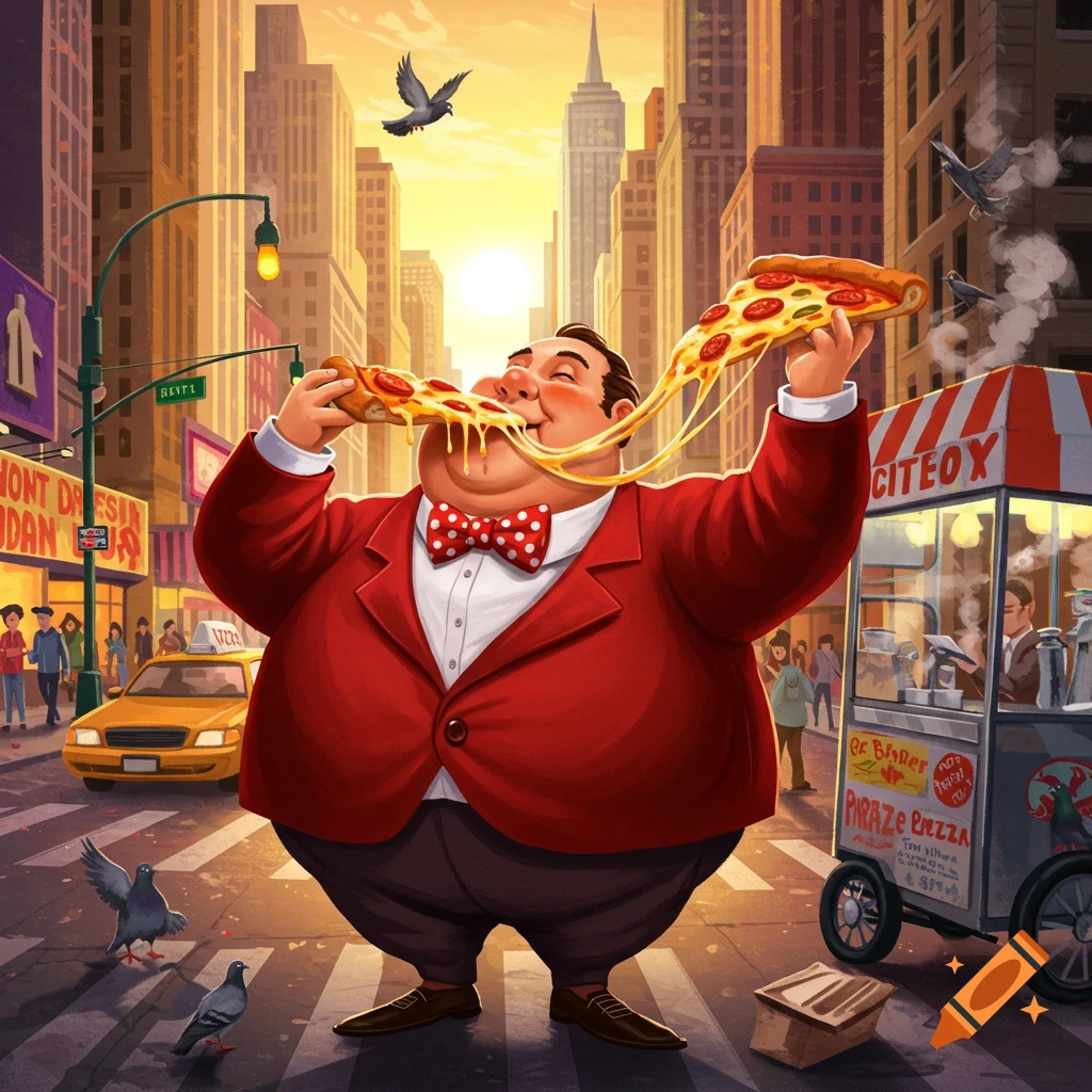 A cartoon illustration of a very plump man in a red suit happily eating a cheesy slice of pizza on a New York City street at sunset.