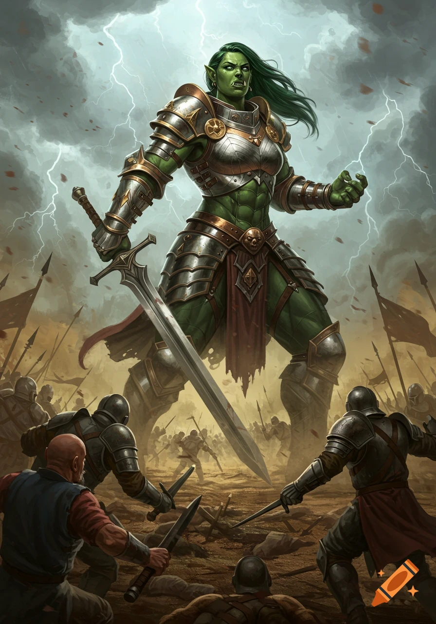 A massive green-skinned female half-orc knight in ornate armor wields a sword, dominating a battlefield against smaller human warriors under a stormy sky.