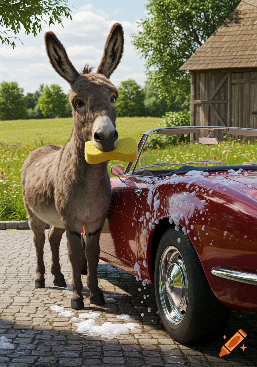 A photorealistic image of a donkey holding a yellow sponge in its mouth while washing a red classic car, surrounded by soap suds on a paved driveway with a green field and barn in the background.