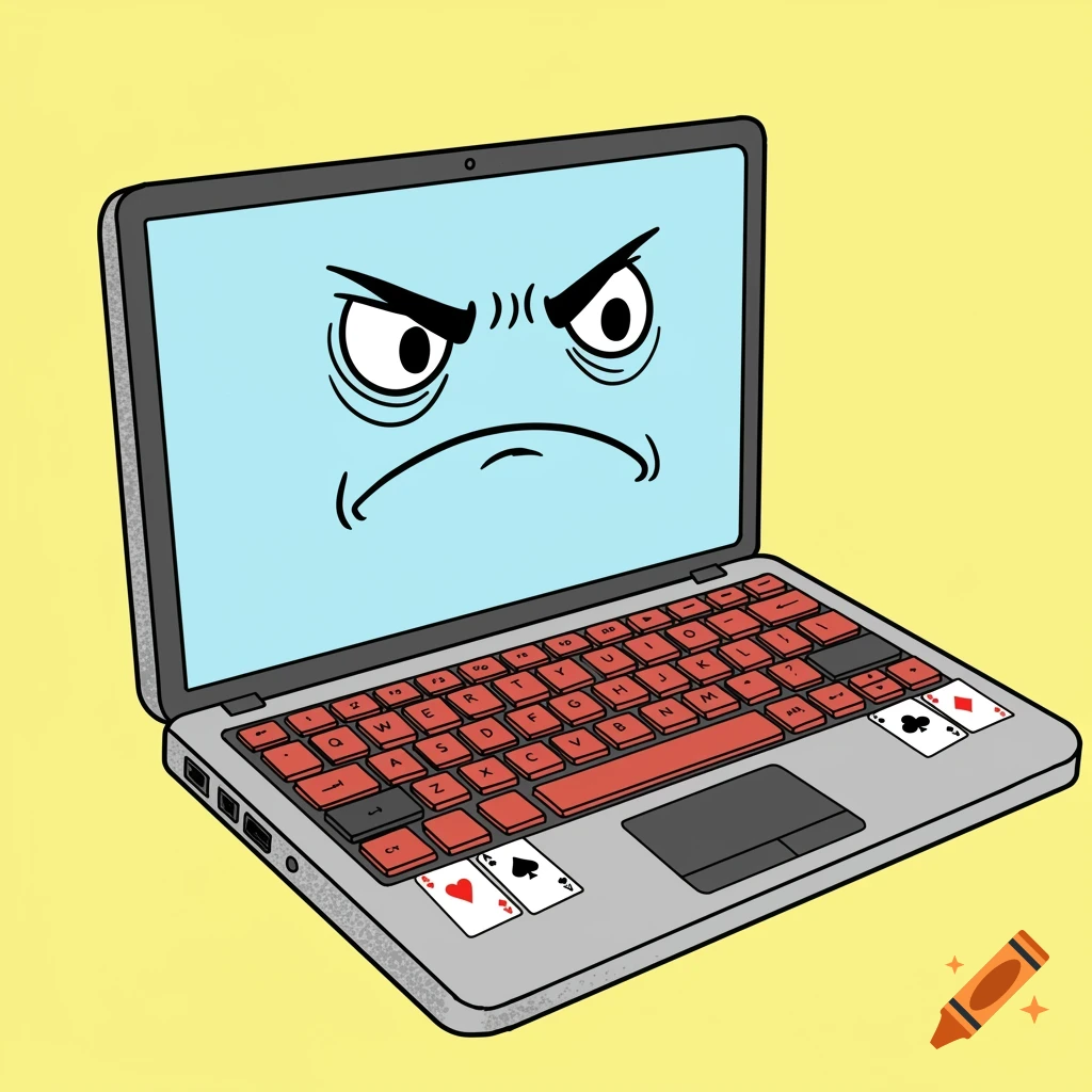 A cartoon of a grey laptop with a light blue screen showing a frowning face. Its red keys have standard keyboard letters. Two playing cards, an Ace of Hearts and an Ace of Spades, are on the left side of the keyboard, and a King of Clubs and a King of Diamonds are on the right.