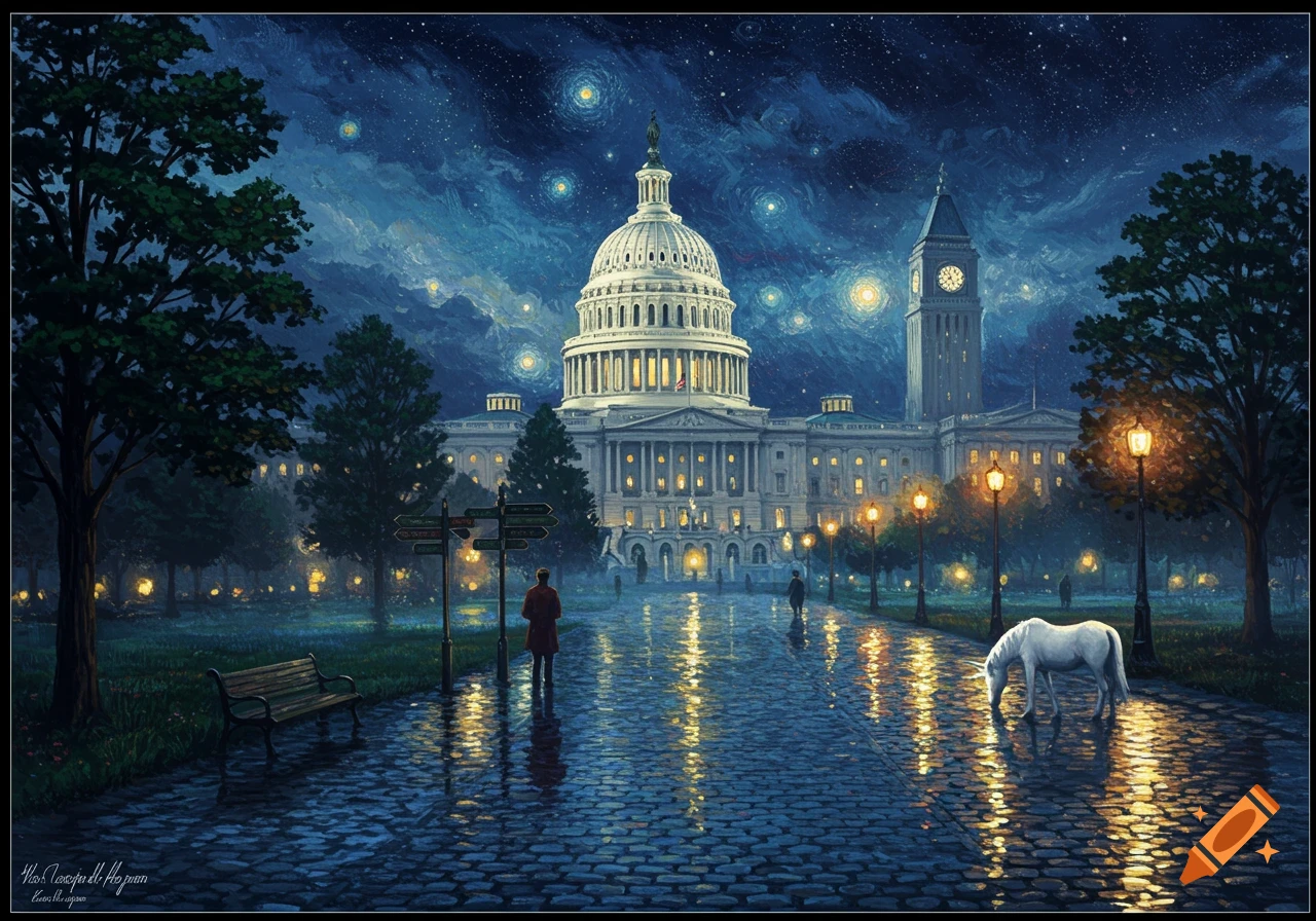 Impressionistic painting of the US Capitol at night with a starry sky, a white unicorn drinking from a puddle on a wet cobblestone path, and people in the park.
