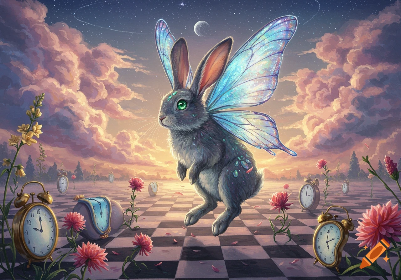 A surreal painting of a gray rabbit with blue butterfly wings floating above a checkerboard floor with melting clocks and pink flowers under a starlit sky.