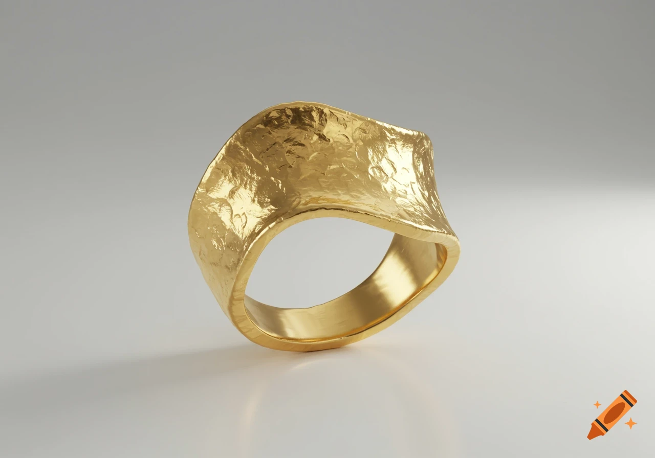 A close-up of a wide, hammered gold ring with an irregular wavy shape on a light gray surface.