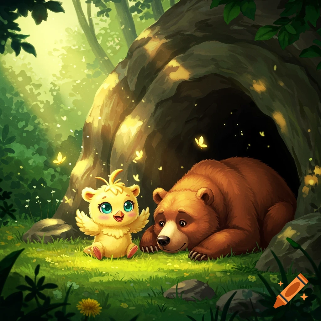 A cute yellow chick and a brown bear sit outside a sunny cave in a forest illustration.