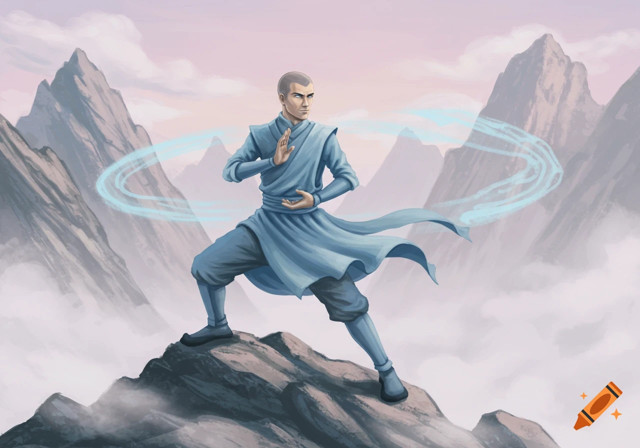 A bald man in blue monk robes in a martial arts stance on a mountain, with blue energy around him.