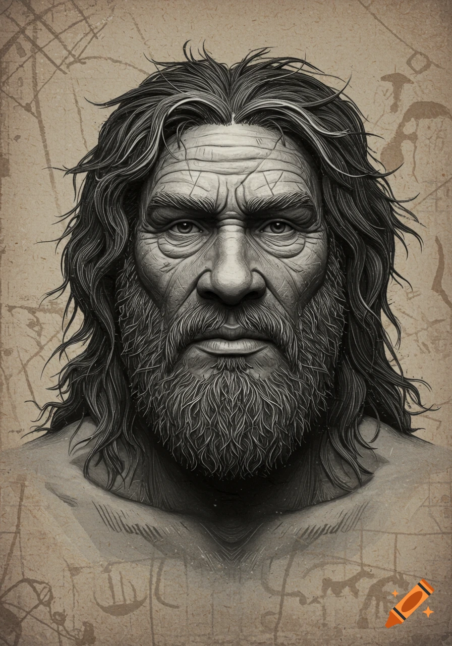A black and white portrait of a grizzled, long-haired and bearded Stone Age man with a stern expression, in an engraving style on a textured background.