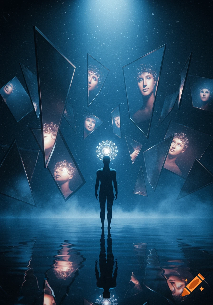 A silhouette stands in water, surrounded by floating shattered mirror shards reflecting faces, under a glowing light in a dark, surreal scene.