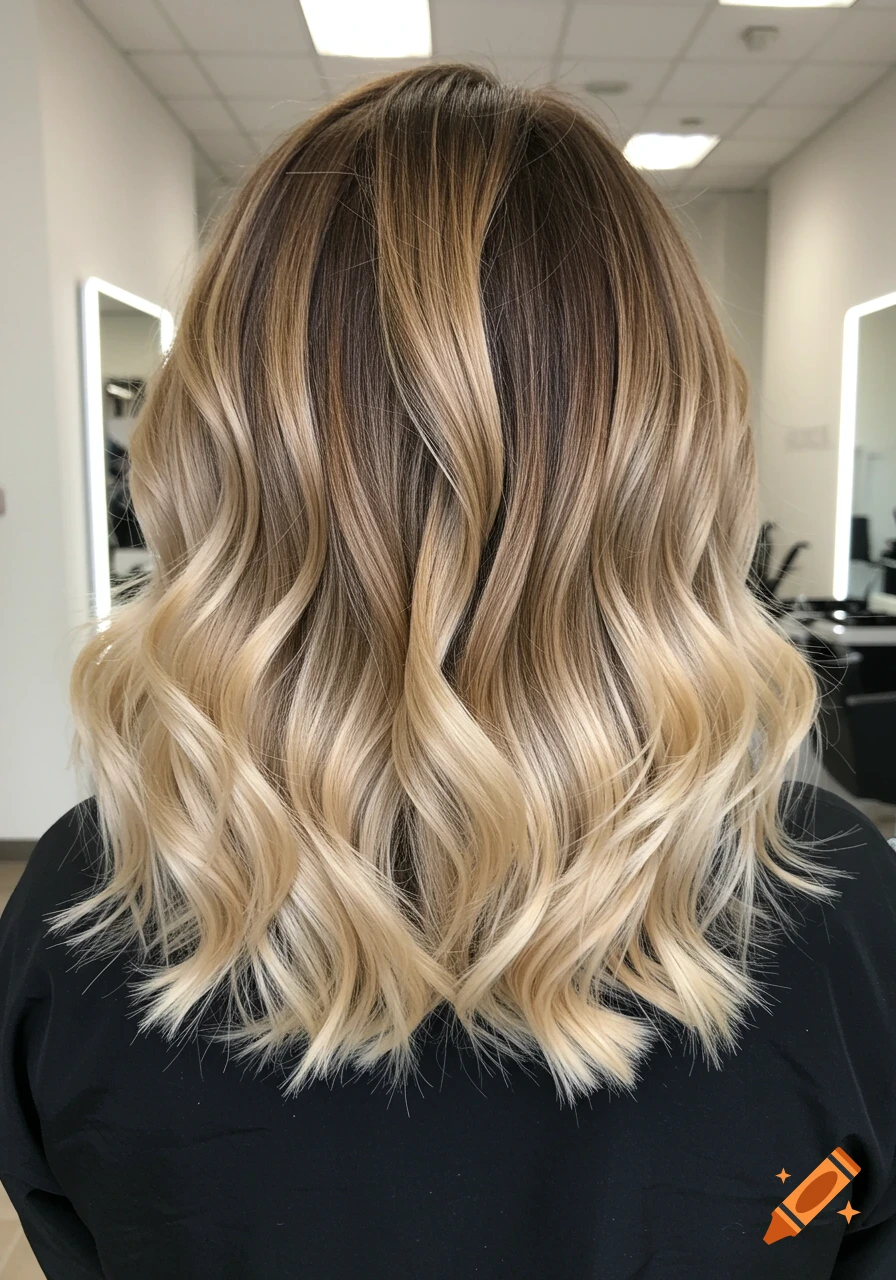 A back view of a woman's shoulder-length hair with a brunette root melt fading into creamy vanilla blonde balayage, styled in soft curls in a salon.