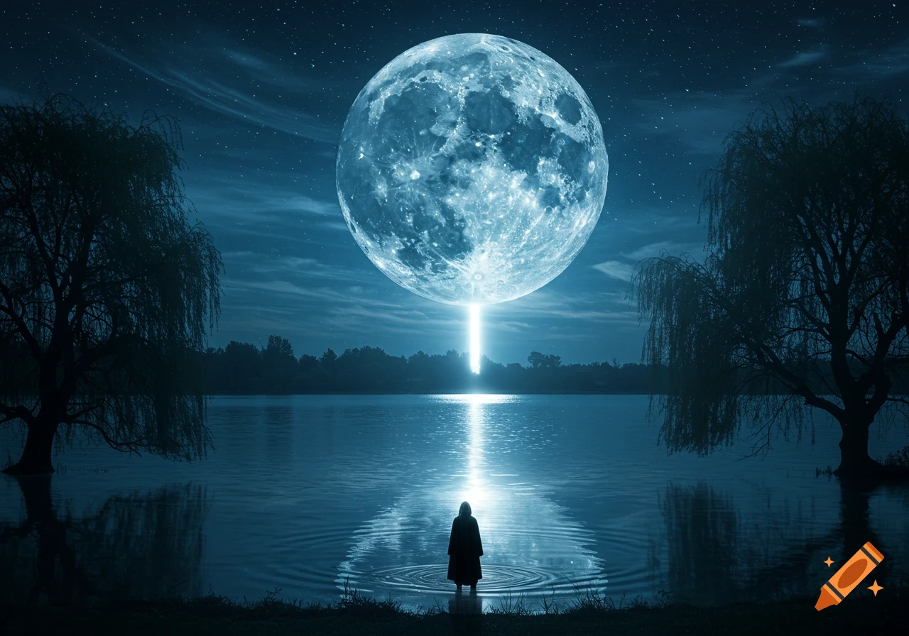A person stands in a moonlit lake with willow trees, receiving a light beam from a large, glowing full moon in a starry night sky.