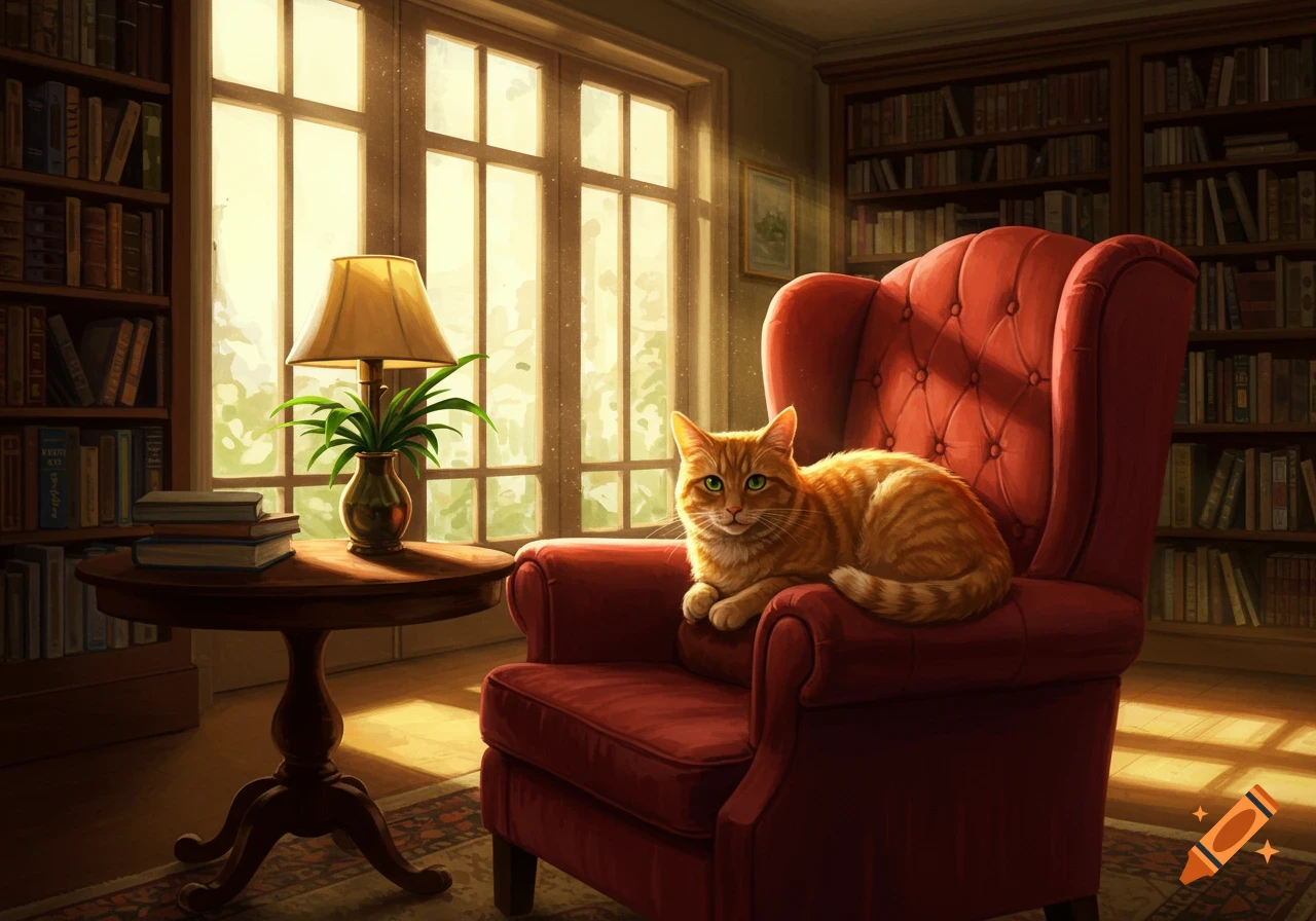 An orange cat rests on a red armchair in a sunlit living room with bookshelves, depicted in a painterly illustration style.