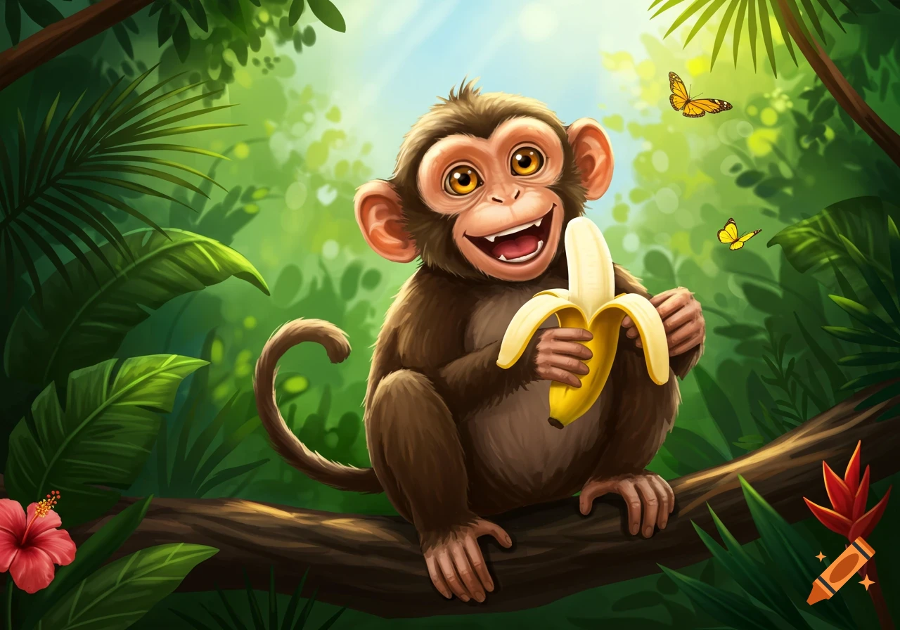 A happy cartoon monkey with big eyes sits on a branch in a lush green jungle, peeling and eating a banana.