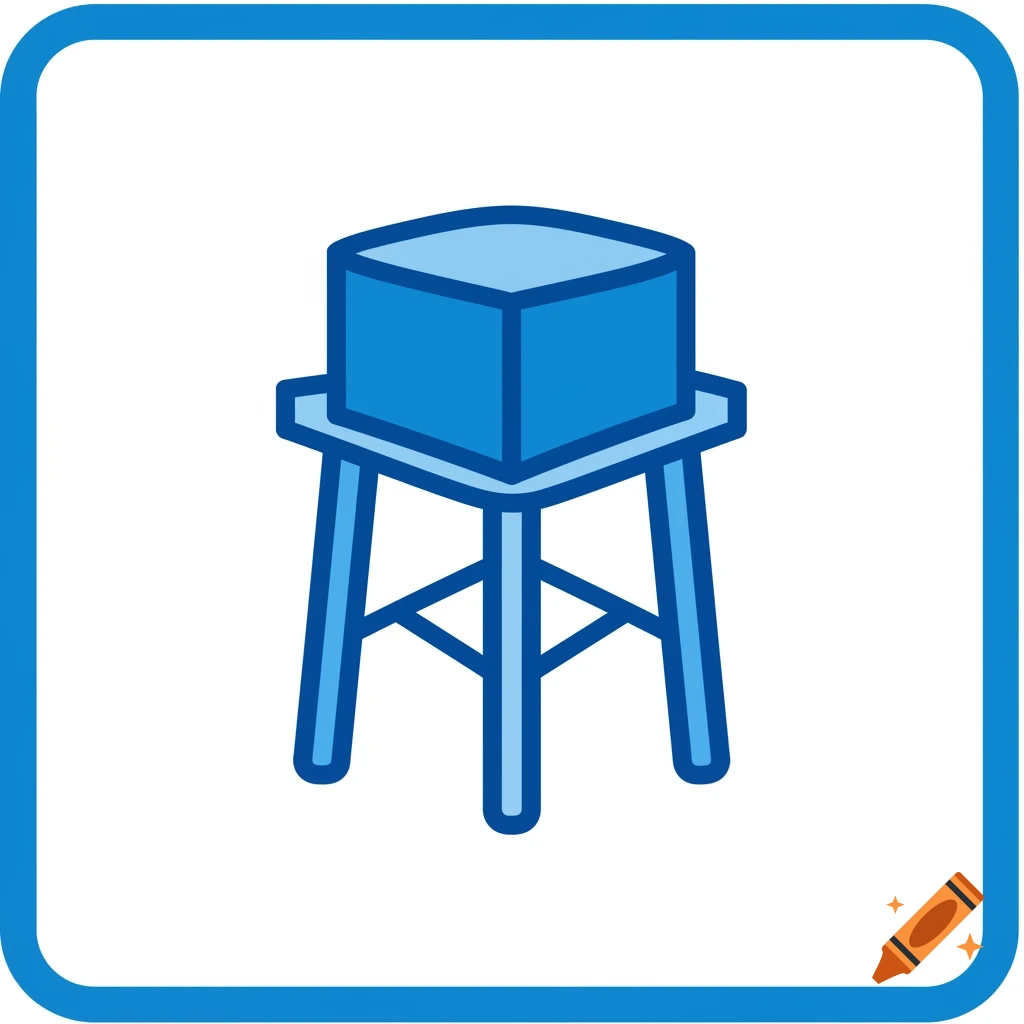 A blue and white minimalist icon of a 3-legged steel jacket foundation supporting a large cube.