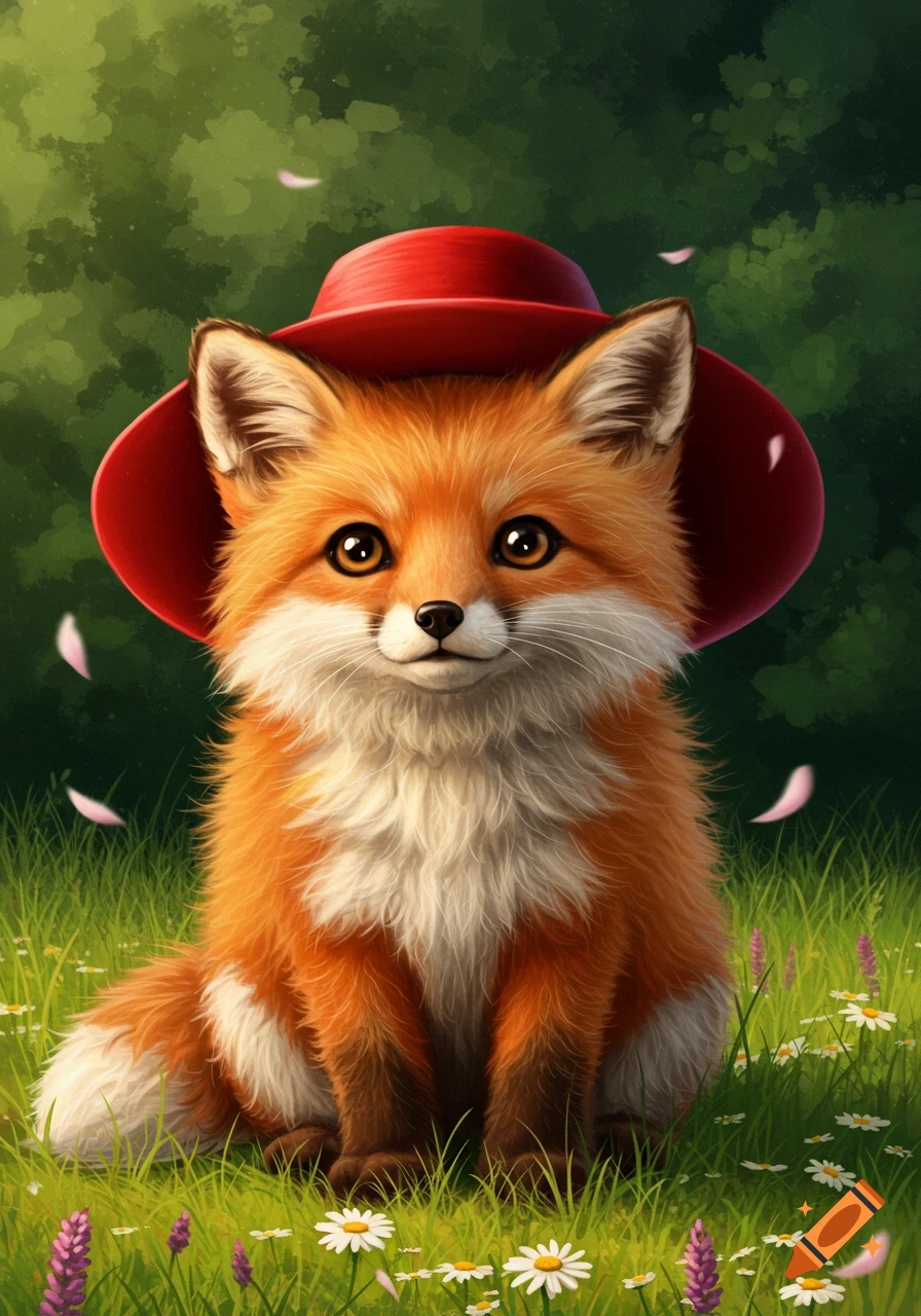 A cute fluffy fox wearing a red hat sits in a vibrant green field with small white and purple flowers.