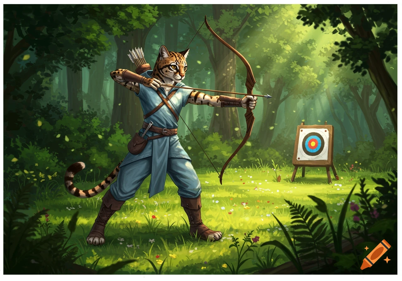 An anthropomorphic ocelot ranger aims a bow and arrow at a target in a sunlit forest clearing.