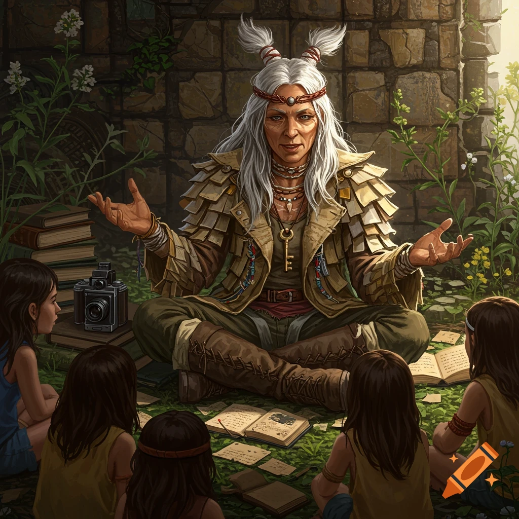 An elder woman with long grey hair and a paper-layered coat sits cross-legged, gesturing, surrounded by children listening intently amidst books and plants by a stone wall.