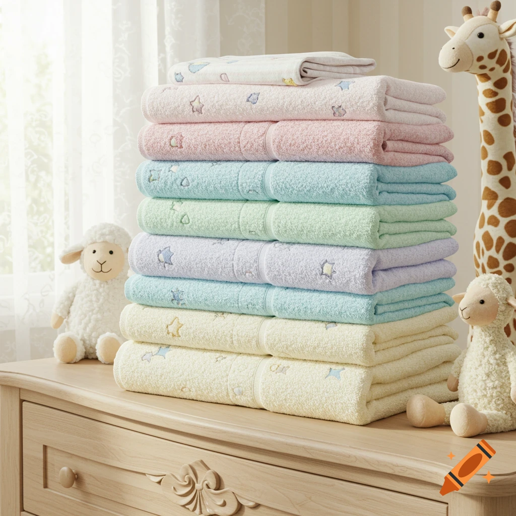 A tall stack of pastel baby towels with star embroidery sits on a wooden dresser, flanked by fluffy lamb and giraffe stuffed animals.