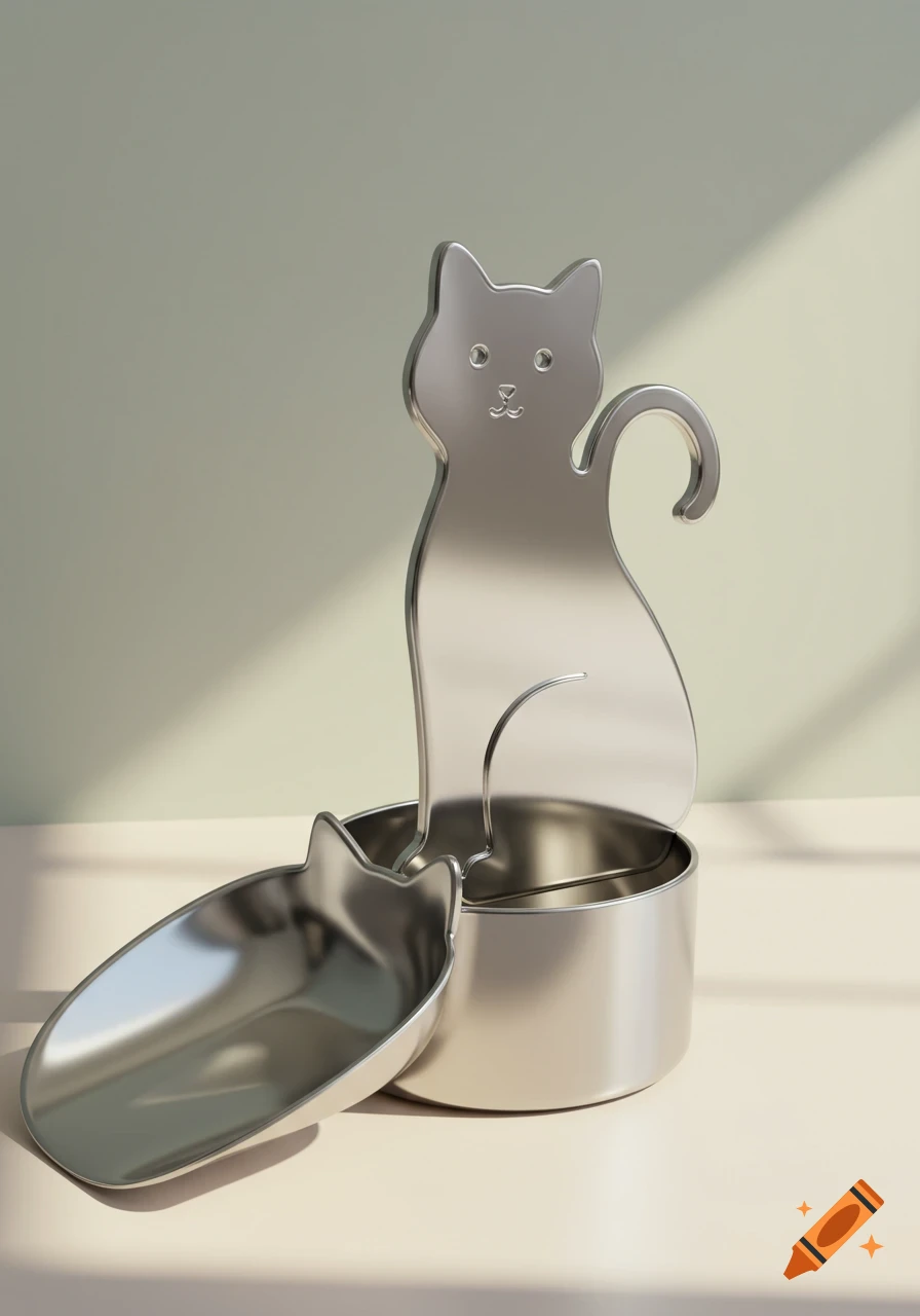 A shiny silver cat-shaped food scoop and a matching container on a light surface.