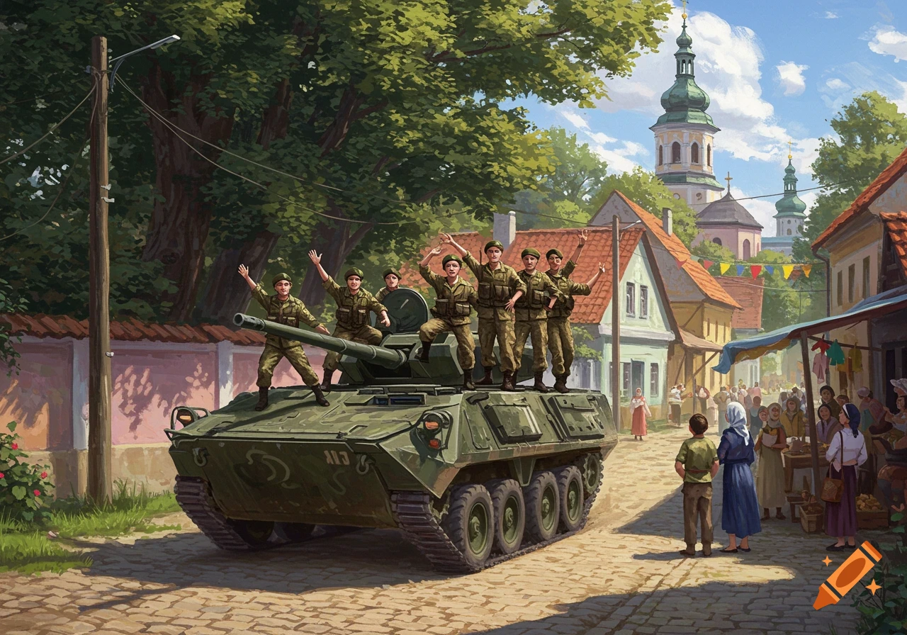 Soldiers wave from an armored vehicle on a cobblestone street in an Eastern European village, with a crowd and church in the background.