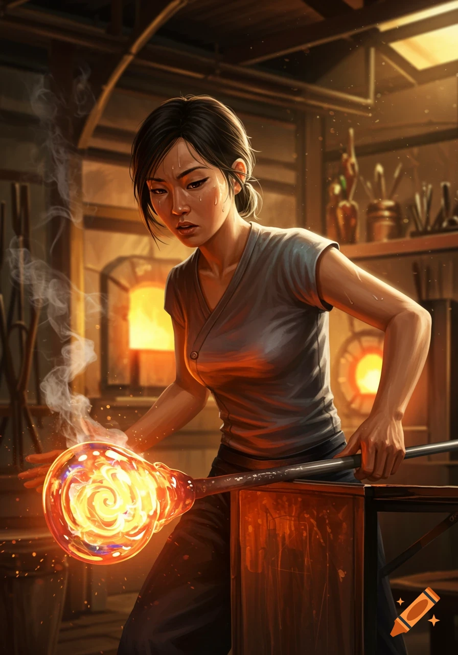 An Asian female glassblower intently works with a glowing molten glass bubble in a hot workshop.