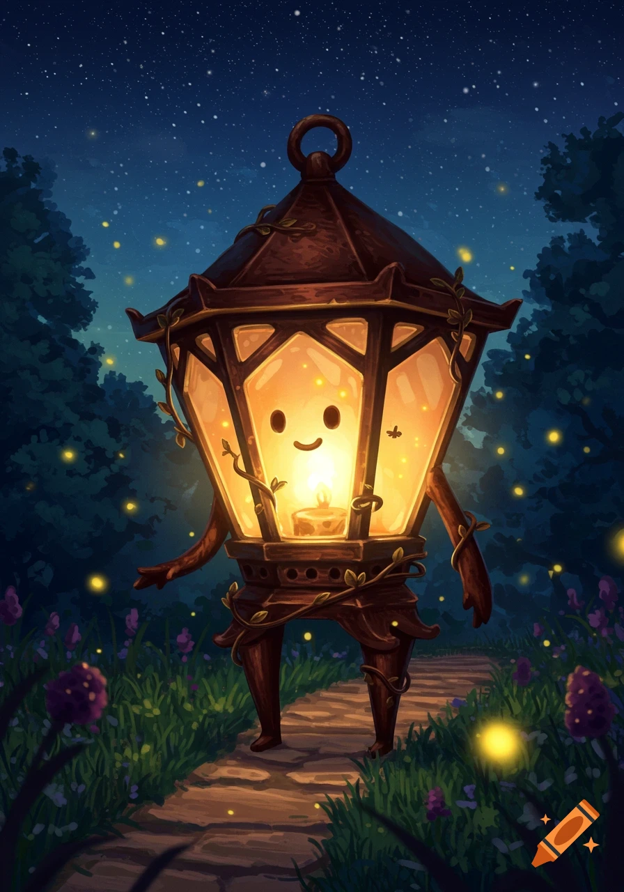 A cute anthropomorphic lantern with a glowing face walks on a stone path through a magical, firefly-lit forest at night in an illustration.