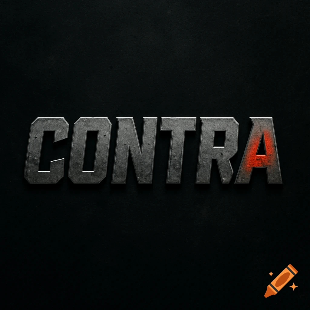 Bold wordmark logo for 'CONTRA' with a metallic, industrial texture and a red accent on the 'A'.