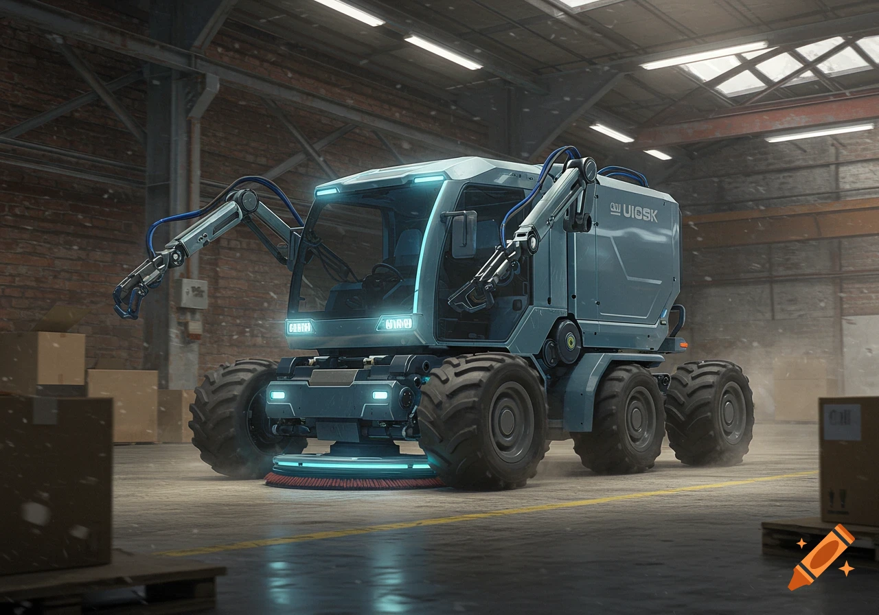 A futuristic, grey mopping robot with large off-road tires and glowing blue lights in an industrial warehouse.