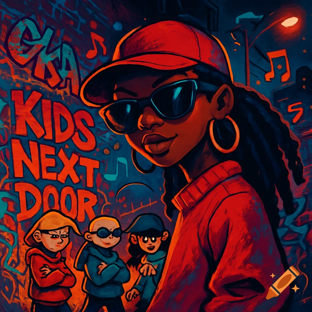 A stylized rap album cover featuring a dark-skinned woman in a red hat and sunglasses, with 'KIDS NEXT DOOR' graffiti behind her and three children below.